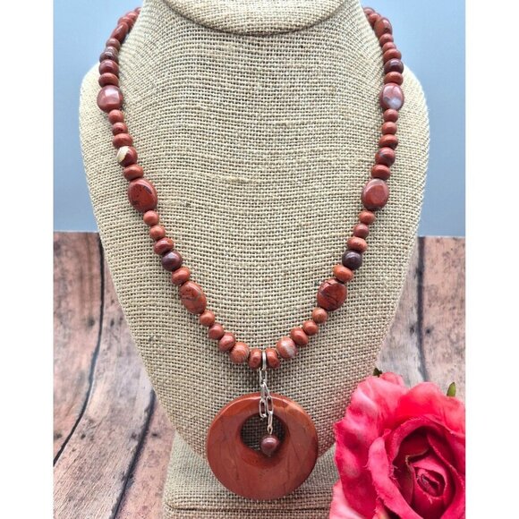 Artisan 2 Piece Set Red Jasper Natural Stone Pendant Necklace & Wrap Bracelet - Picture 3 of 11